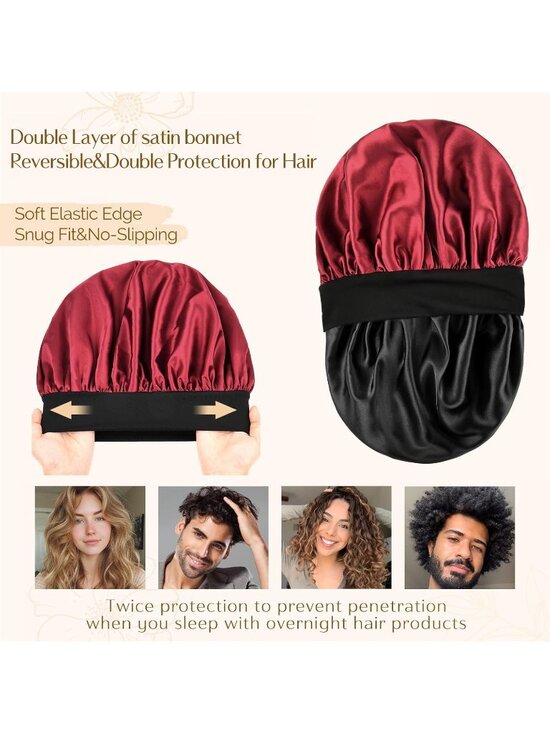〽️Women Wine Red Silk Bonnet Sleeping Double Layer Satin Natural Curly Hair Cap